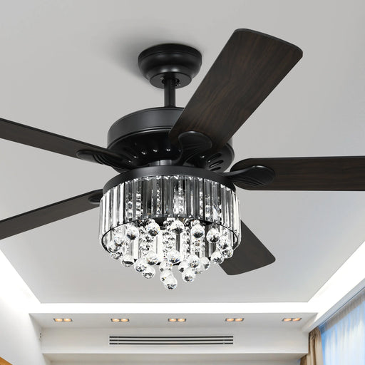 52In Chandelier Crystal Ceiling Fan with Light and Remote, Crystal Fan Light with 3 Speed, 4 Blades (Dual-Sided Blades), Silent Reversible Motor, Timer - Black