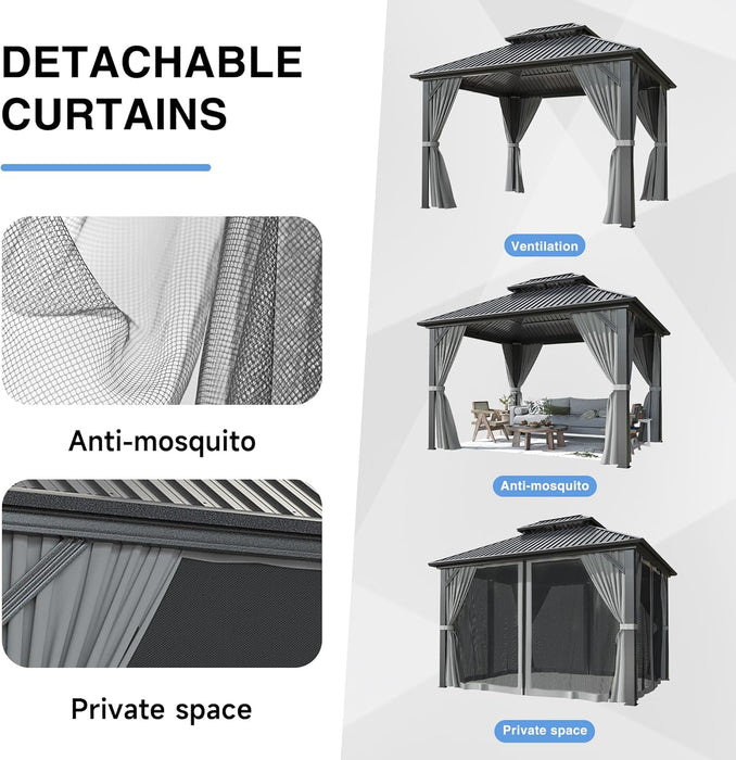 10'X12' Gazebo Hardtop Gazebo, Aluminum Frame Pergola with Double Galvanized Steel Roof, Permanent Outdoor Metal Canopy with Curtain & Netting for Patio, Backyard, Deck, Dark Grey