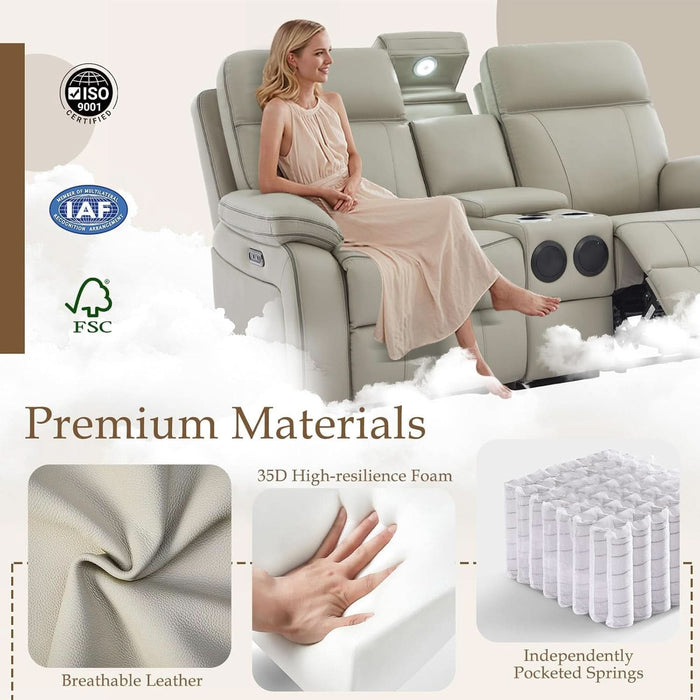 Power Reclining Sofa Set with LED Reading Light/Storage Drawer, Power Loveseat Recliner Sofa, Reclining Loveseat with Bluetooth Speakers/Outlets/Breathing Leather (Grey, Sofa+Loveseat)