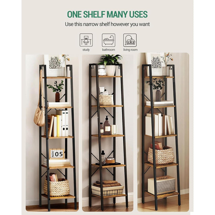 Ladder Shelf, Bookshelf Bookcase, Freestanding Corner Storage Shelve with 2 Hooks for Home Office, Living Room, Kitchen, Bedroom, Industrial, 5-Tier Rustic Brown BC03201B