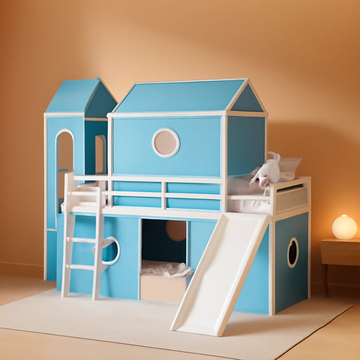 Twin Loft Bed With MultiSlide Playhouse AzureOceanBlue