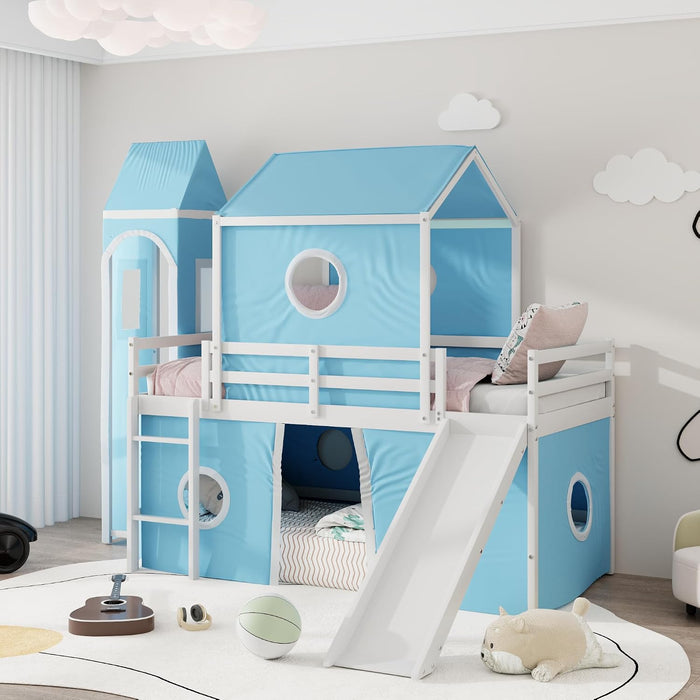 Twin Loft Bed With MultiSlide Playhouse AzureOceanBlue