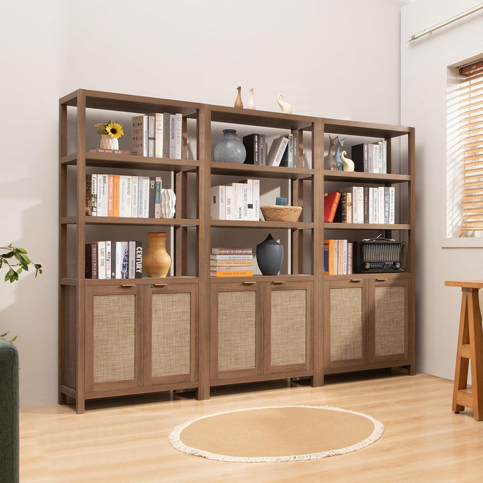 71" Tall Rattan Bookshelf with Doors for Living Room Library | 5 Tier Book Shelf Storage Shelves Large Boho Bookshelves Farmhouse Bookcase Book Case for Bedroom Home Office Kitchen