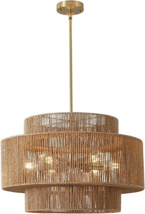 24"Large Boho Rattan Farmhouse Chandeliers for Dining Room,6-Light Hand Woven Pendant Light Fixture, 3-Tier Rustic Wicker Chandeliers for Living Room, Kitchen Island, Entryway,Hallway, Foyer