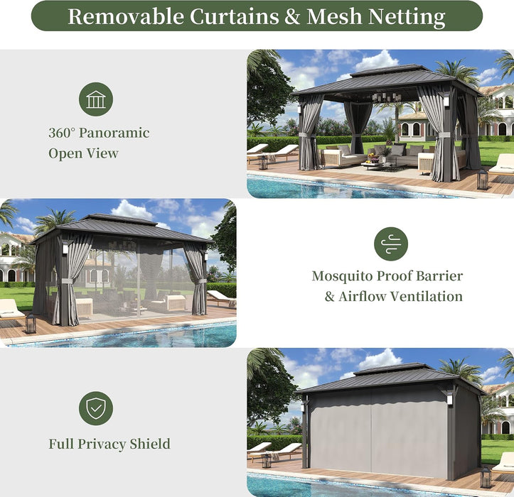 14'X10' Hardtop Gazebo with 4 LED Lights, Outdoor Gazebo with Galvanized Steel Double Roof, Patio Gazebo with Breathable Netting & Privacy Curtain, Decor Hooks for Backyard, Gray