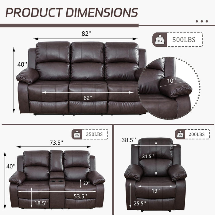 Manual Recliner Sofa Set, Bonded Leather Sofa Set Living Room Furniture, Reclining Sofa Set Leather Recliner Couch with Cup Holder/Storage Console for Living Room (3 Pieces Couch Set, Brown)