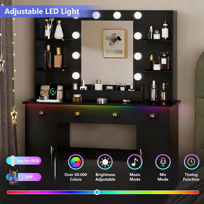 Vanity Desk with Mirror and Lights, Makeup Vanity with Mirror and LED Lights & Power Outlet, 3 Drawers and Cabinets, 3 Lighting Modes Dressing Table Set for Girls Women Bedroom,Black