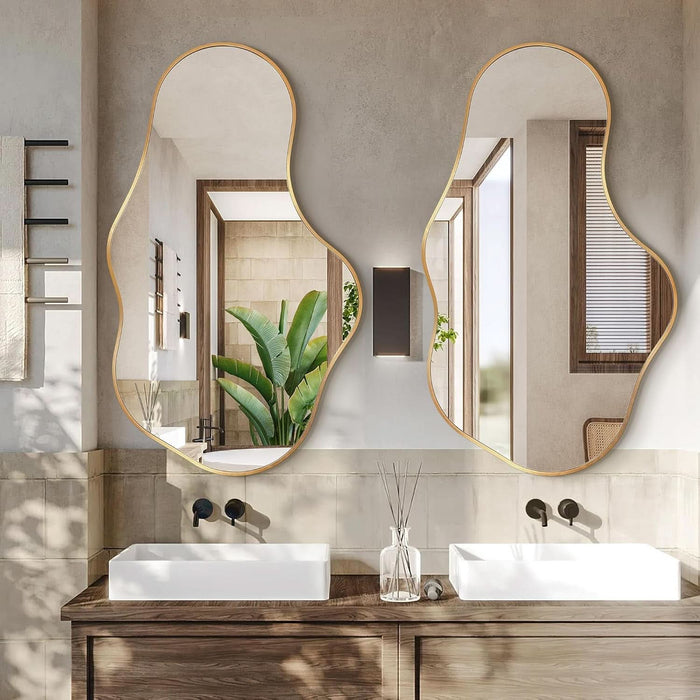 Irregular Wall Mirror - Wall Mirrors Decorative 22"X 36" Asymmetrical Abstract Mirror Aviation Aluminum Alloy Frame Unique for Bathroom, Bedroom, Living Room, Cloakroom, Entryway Gold