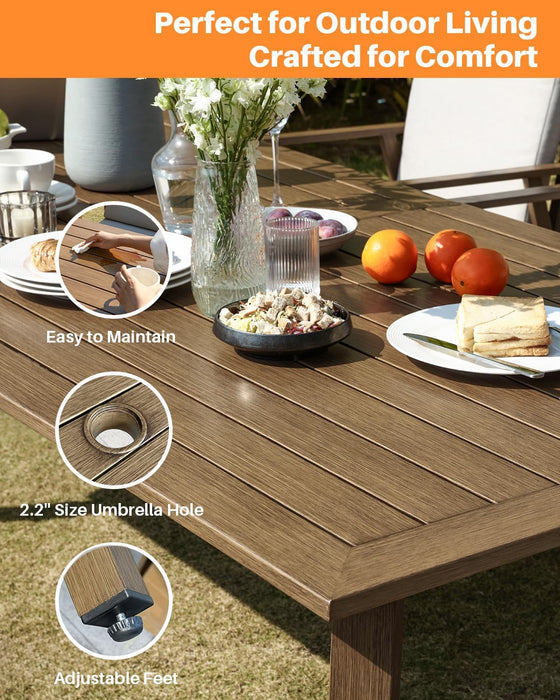 9 Pieces Patio Dining Set for 8, Outdoor Aluminum Dining Furniture Set with Umbrella Hole, All-Weather Outdoor Patio Table Sets with 8 Swivel Chairs and Table for Deck Backyard Poolside, Teak