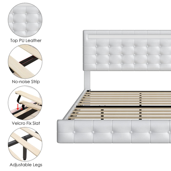 Queen Floating Bed with Lights, LED Platform Bed Frame with under Bed Storage, PU Leather Adjustable Tufted Upholstered Bed, White