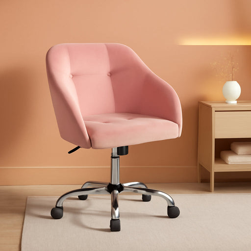 Comfy Desk Chair Cute Office Chair Pink Velvet Desk Chair Makeup Chair Vanity Chair with Back, Modern Swivel Computer Chair Accent Chair for Bedroom