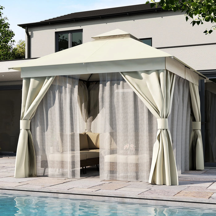 10'X10' Patio Gazebo, Double Roof Outdoor Shelter Tent with Mosquito Nettings and Privacy Screens, Cream White