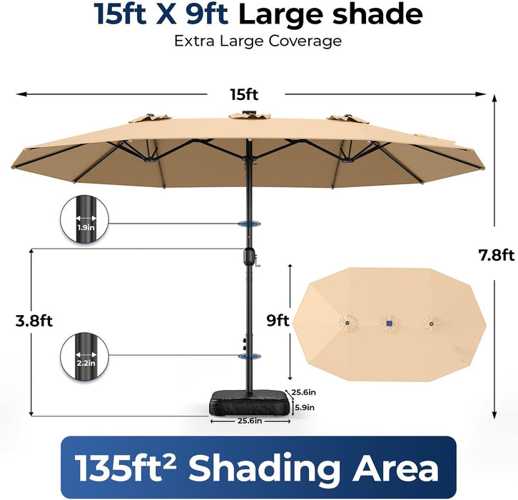 15Ft Large Double Sided Patio Umbrella with 48 Solar LED Lights & Base Included, Heavy Duty Market Table Umbrella with 220Gsm Fade-Resistant Canopy for Commercial & Residential, Deck, Pool, Backyard (Beige)