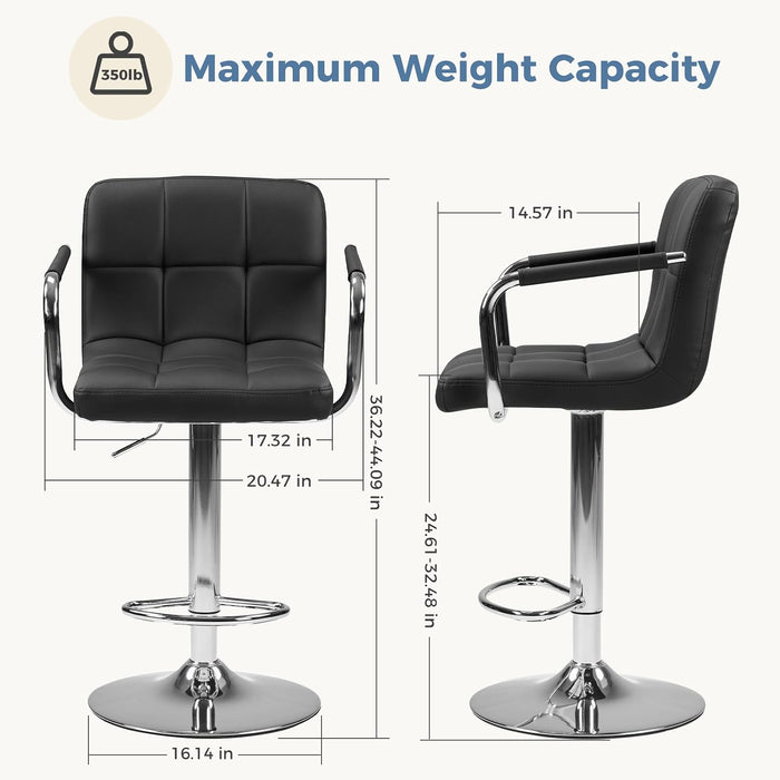 Swivel Bar Stools Set of 4, PU Leather Counter Height Bar Chairs | Adjustable Height, Barstools with Metal Armrests, Backrest, Water-Resistant, Kitchen Island, Pub, Dining Room, Black