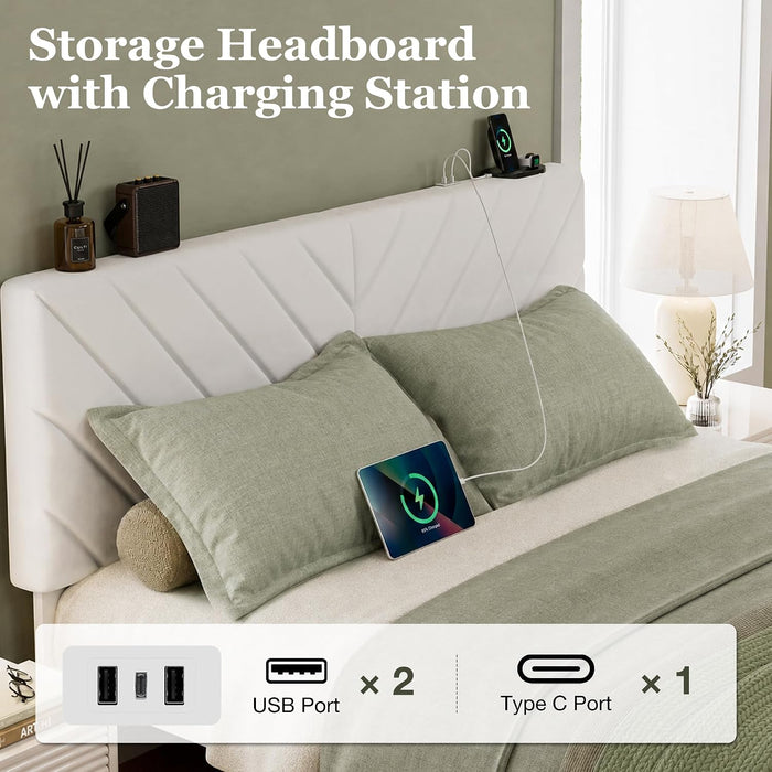 Queen Bed Frame with 2 Storage Drawers, White Velvet Upholstered