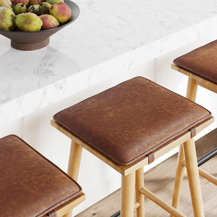 Nathan James Barker Classic Counter Height Wood Barstool with Leather Removable Cushion, Backless Island 24" Bar Stool for Kitchen, Chestnut Brown, Set of 2