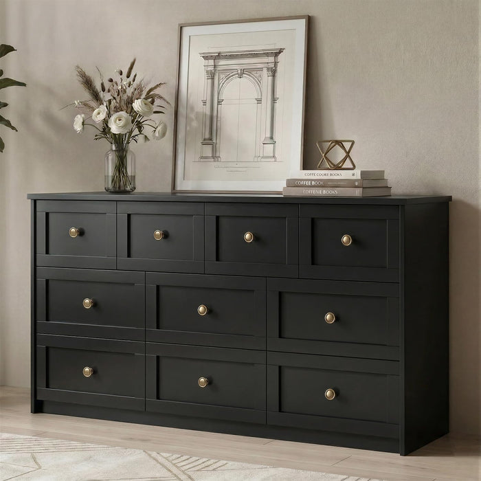 59" Wide Black 10 Drawer Dresser for Bedroom with Gold Metal Handle
