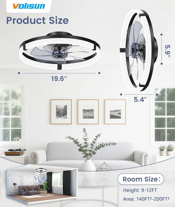 Low Profile Ceiling Fans with Lights and Remote, 20In Flush Mount Ceiling Fans with Light, 3000K-6500K Dimmable Fandelier Ceiling Fan, Black Bladeless Ceiling Fan for Bedroom