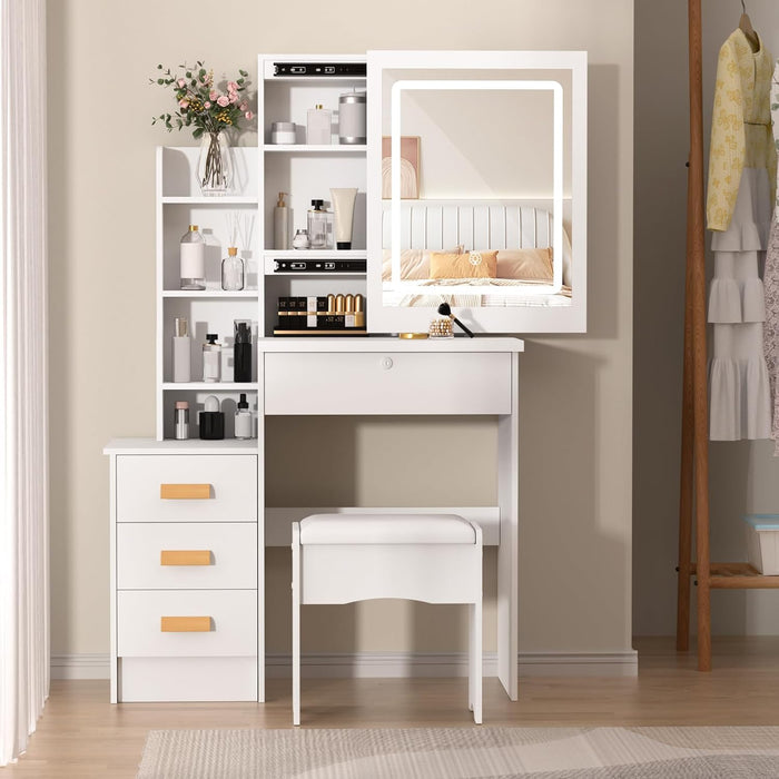 White Vanity Desk With Mirror Lights StorageDrawers