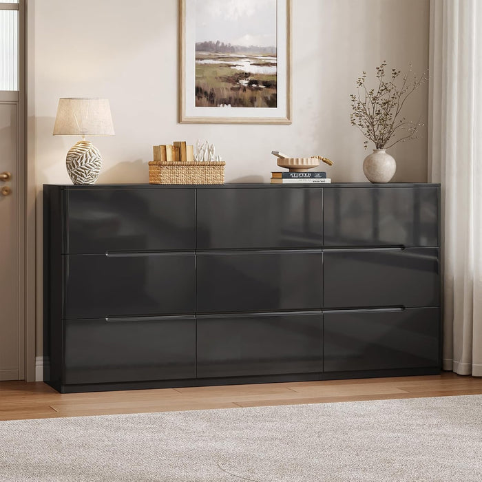 High Gloss Dresser for Bedroom, 60.2" Wide 9 Drawer Dresser, Black
