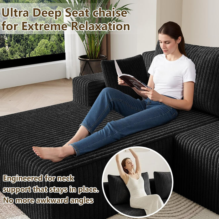 107Inch Modular Sectional Sofa Black Corduroy Upholstered