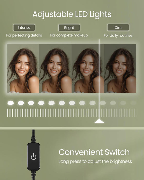 Vanity Desk with Mirror and Lights, 43.3-Inch Wide Makeup Vanity with Upholstered Vanity Stool, Power Outlets, Dimmable LED Lights, Storage Drawer, for Bedroom, Ink Black URDT628B01