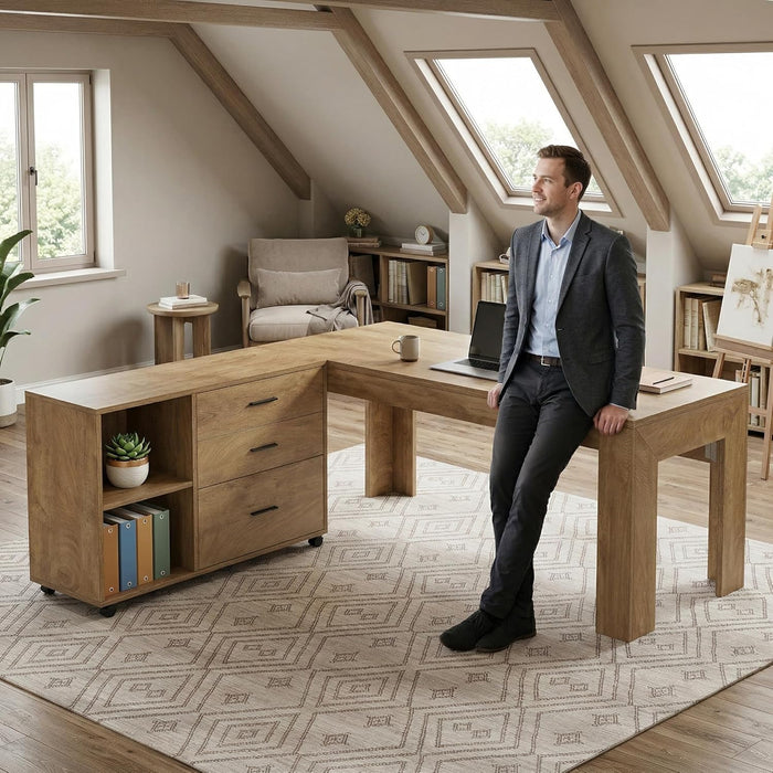 63'' L Shaped Office Desk with Drawers and Shelves,Large Executive Desk with Rolling File Cabinet Combo,Home Office Computer Desk,Brown