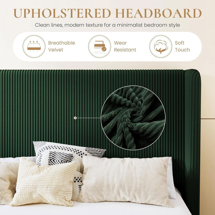 Queen Size Corduroy Upholstered Platform Bed Frame with Vertical Channel Tufted Wingback Headboard, 8" under Bed Storage, Wooden Slats & Metal Frame Support, Easy Assembly, Dark Green