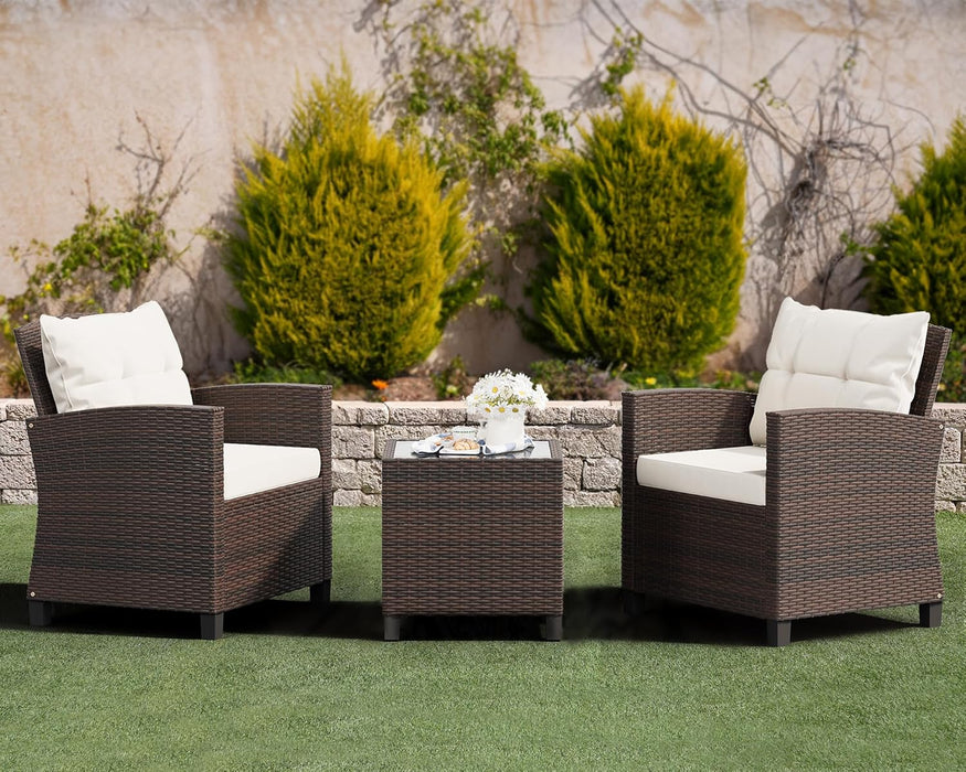 3 Pieces Patio Furniture Set 3 Pieces PE Rattan Wicker Chairs with Table Outdoor Furniture for Backyard/Garden/Poolside/Outdoor Restaurant Brown Rattan with White Cushion