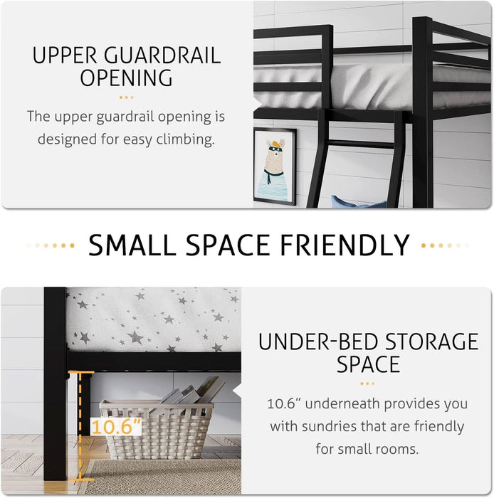 Loft Bunk Bed Twin over Twin Size with Ladder and Guardrail,Heavy Duty Metal Slats Support No Box Spring Needed Small Space Saving Furniture for Bedroom Dorm,Black