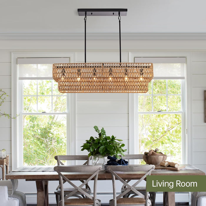 Six Light Boho Rattan Rectangular Pendant Chandelier