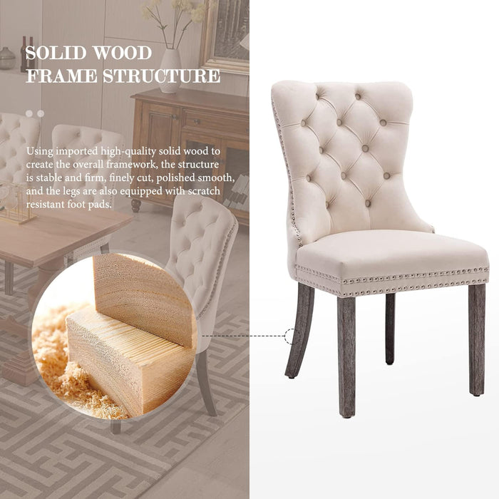 Velvet Dining Chairs Set of 6, Tufted Dining Room Chairs with Nailhead Ring Pull Trim, Upholstered Dining Chairs with Solid Wood Legs for Kitchen Dining Room (Beige)