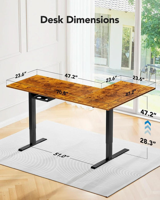 71X48 Inch Dual Motor L Shaped Electric Standing Desk with 3 Preset Heights, Electric Height Adjustable Computer Table, 2 Hooks & Cable Tray, Raising Desk for Home Office, Vintage Brown - ShipItFurniture