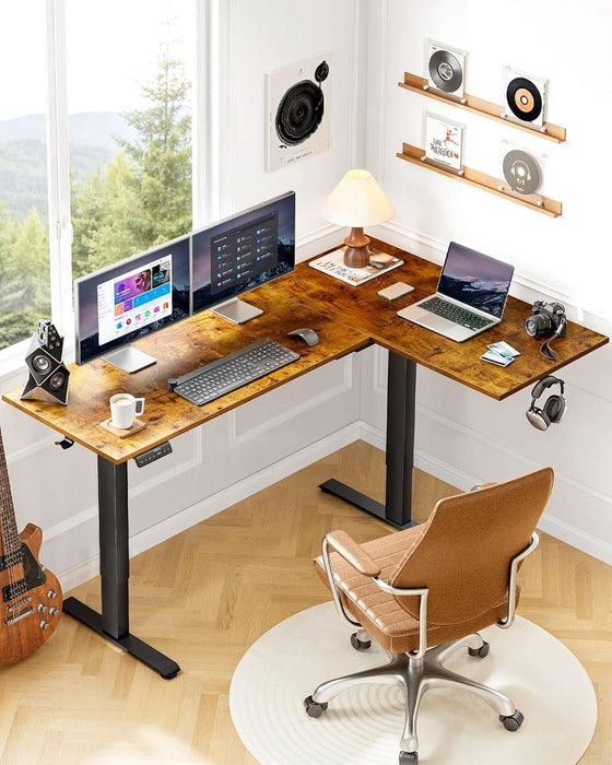 71X48 Inch Dual Motor L Shaped Electric Standing Desk with 3 Preset Heights, Electric Height Adjustable Computer Table, 2 Hooks & Cable Tray, Raising Desk for Home Office, Vintage Brown - ShipItFurniture