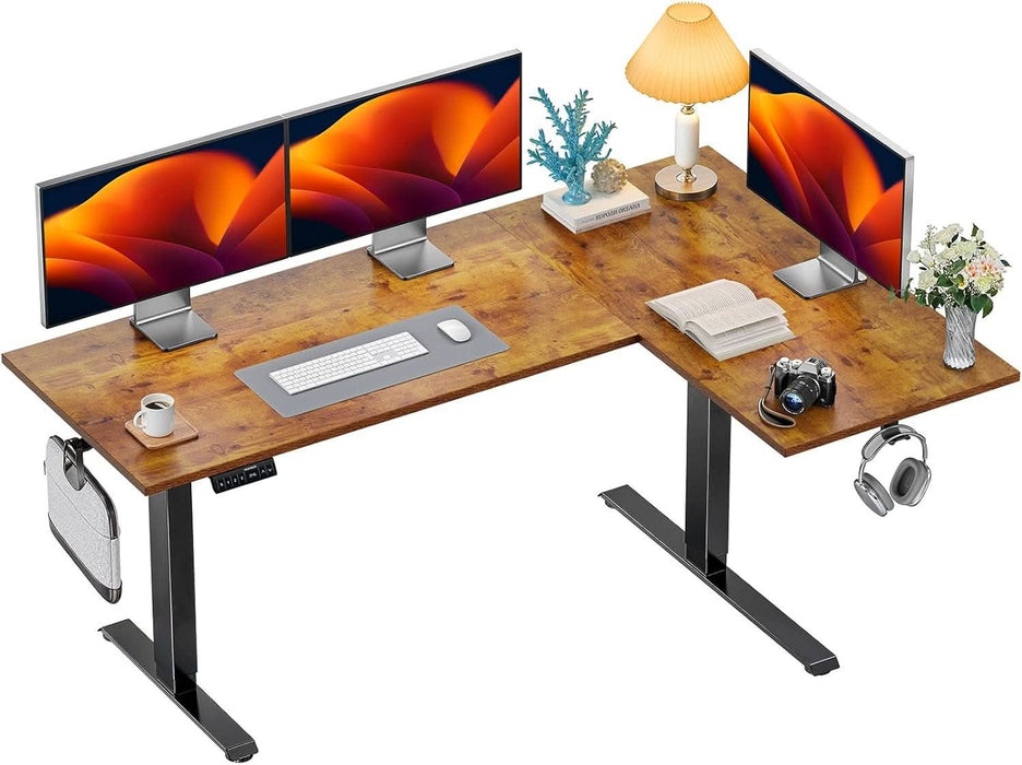 71X48 Inch Dual Motor L Shaped Electric Standing Desk with 3 Preset Heights, Electric Height Adjustable Computer Table, 2 Hooks & Cable Tray, Raising Desk for Home Office, Vintage Brown - ShipItFurniture
