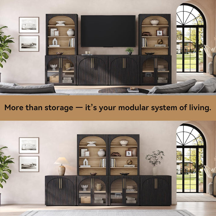 72" Tall Arched Storage Cabinet with Hutch, Bookcase with Open Shelves