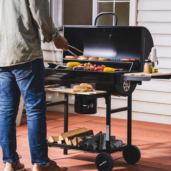 Barrel Charcoal Grill with Foldable Front Wood Shelf, 686 Sq.In. Cooking Area Outdoor Bbq Grill, Thermometer and Adjustable Air Vents for Backyard, Patio, Parties, Tailgating, Black