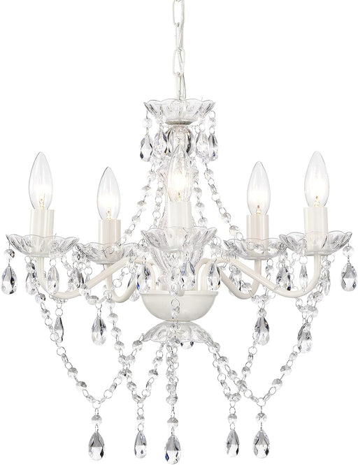 Small White 5-Light Crystal Chandelier, Modern Glass Chandelier Lighting Fixture, Small Chandelier for Bedroom, Dining Room, Living Room, Kitchen, Foyer, Girls Room Ceiling Light