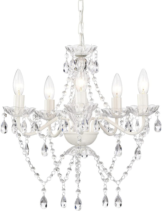 Small White 5-Light Crystal Chandelier, Modern Glass Chandelier Lighting Fixture, Small Chandelier for Bedroom, Dining Room, Living Room, Kitchen, Foyer, Girls Room Ceiling Light