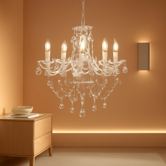 Small White 5-Light Crystal Chandelier, Modern Glass Chandelier Lighting Fixture, Small Chandelier for Bedroom, Dining Room, Living Room, Kitchen, Foyer, Girls Room Ceiling Light