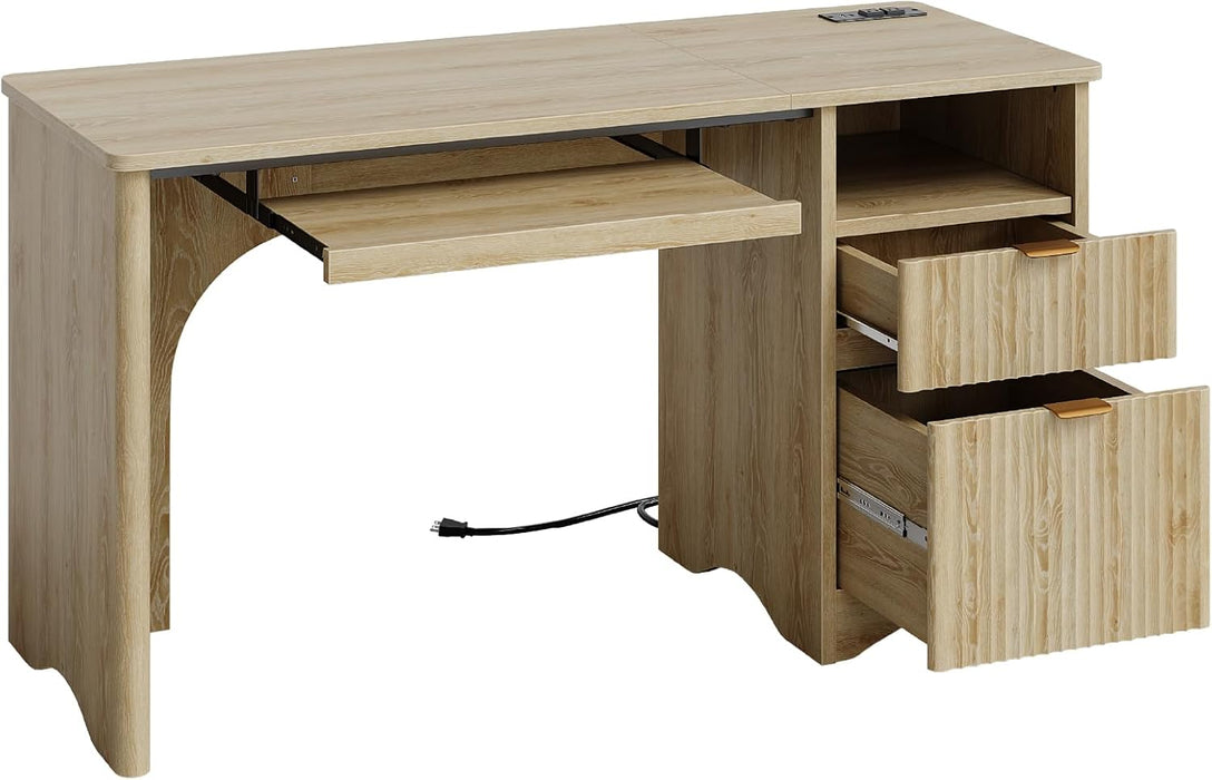 Computer Desk with Drawer, 55 Inch Office Desk with Power Outlet, Modern Home Office Desk with Keyboard Tray (Natual Oak, 55" W with Single-Sided Drawers)
