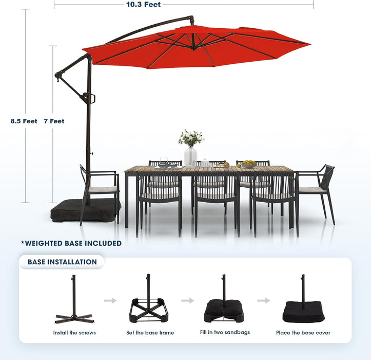 10Ft Patio Umbrella with Base Included, Outdoor Offset Cantilever Umbrella, Infinite Tilt, Crank and Cross Base, Orange Red