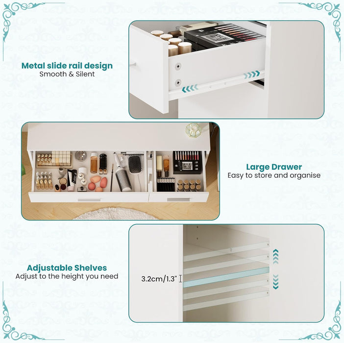 3 Lighting Modes Adjustable Brightness, with LED Lights and Mirror, with Power Outlets and 2 Drawers, 4 Storage Shelves Cabinet, White Makeup Table, Vanity Desk, Dressing Table for Bedroom