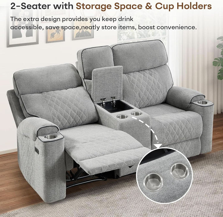 2-Piece Electric Recliner Sofa Set with Charging Port, Include Single Power Reclining Chair and 3-Seater Reclining Sofa for Living Room, Light Grey