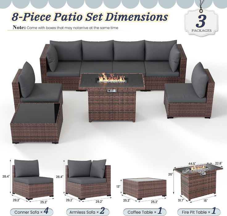 Patio Furniture Set with Fire Pit Table, 8-Piece Wicker Patio Set