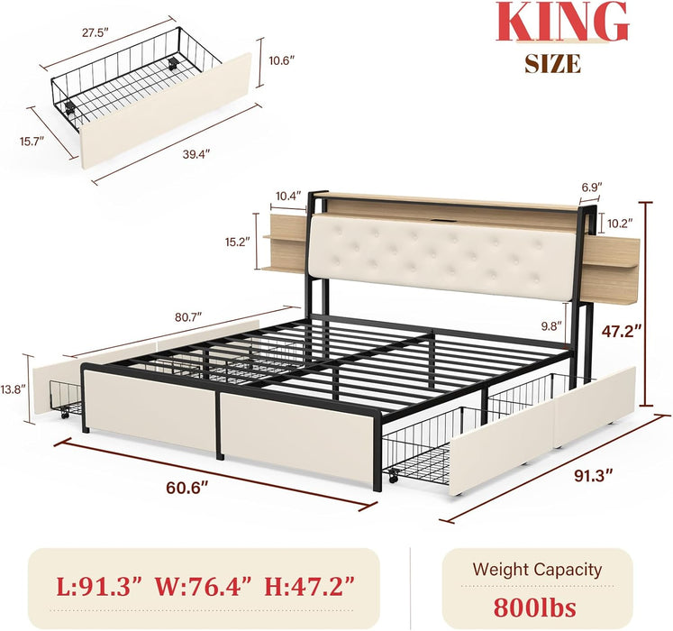 King Bed Frame with Storage Headboard, Velvet Upholstered Platform Bed with 4 Drawers, LED Bed Frames with Charging Station, No Box Spring Needed, Easy Assembly, Beige