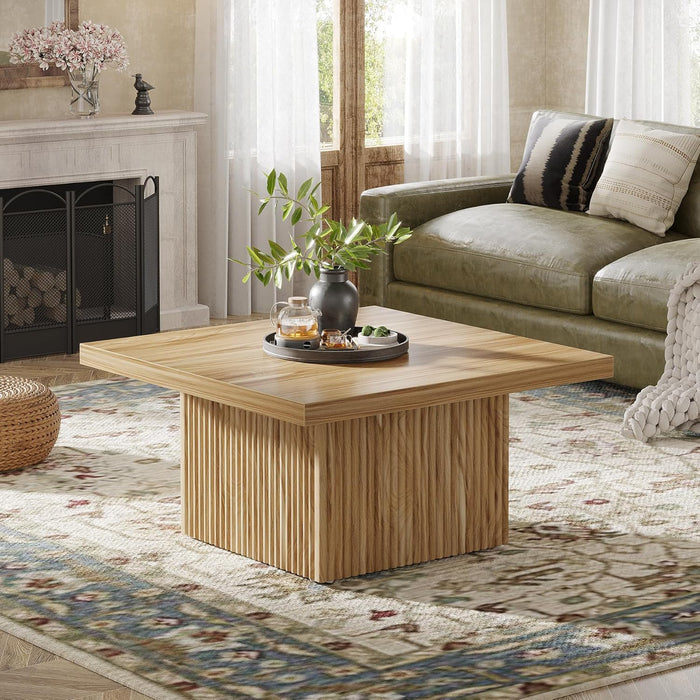 Square Coffee Table, 31.5-Inch Fluted Coffee Table, Mid-Century Modern Living Room Table, Large Cocktail Table for Living Room, Easy Assembly, Oak