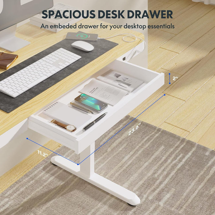 Comhar Electric Standing Desk with Drawers Charging USB Port, Height Adjustable 48" Whole-Piece Quick Install Home Office Computer Laptop Table with Storage (Maple Top + White Frame)
