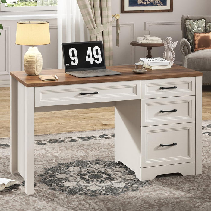 Farmhouse Executive Desk with Drawers, Home Office Desk with File Drawer, Wood Computer Desk with Ample Storage, Rustic Office Desk with Spacious Tabletop for Work, White