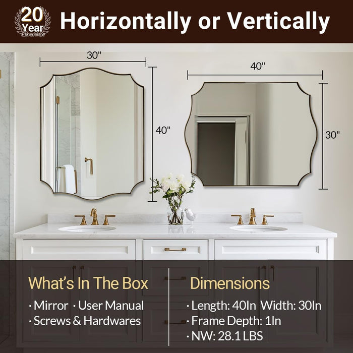 30"X40" Brushed Gold Bathroom Mirror, Large Rectangle Scalloped Mirror, Antique Brass Mirror in Rust-Proof Stainless Steel 1" Frame, Unique Wavy Design, Ideal for Home Remodel
